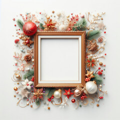 A frame with christmas decorations on a white background. ai generative