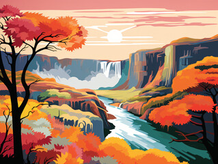 Obraz na płótnie Canvas A painting of a waterfall in autumn flat design vector style illustration