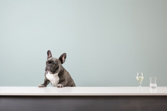 Full-length portrait photography of a happy french bulldog drinking from a water fountain against a minimalist or empty room background. With generative AI technology