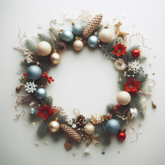 A round frame with christmas decorations on a white background. ai generative