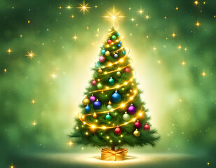 Fototapeta na wymiar Beautiful creative view of decorative Christmas tree with colorful luminous bulbs on green background