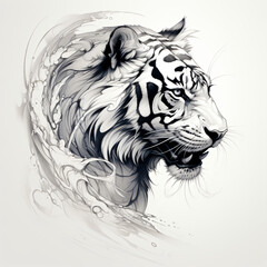 A black and white drawing of a tiger on a white background