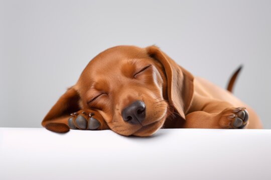 Close-up portrait photography of a happy dachshund sleeping against a minimalist or empty room background. With generative AI technology
