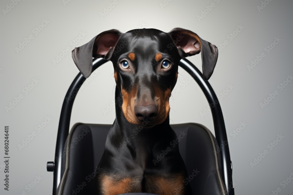 Sticker Headshot portrait photography of a curious doberman pinscher riding in a baby stroller against a minimalist or empty room background. With generative AI technology