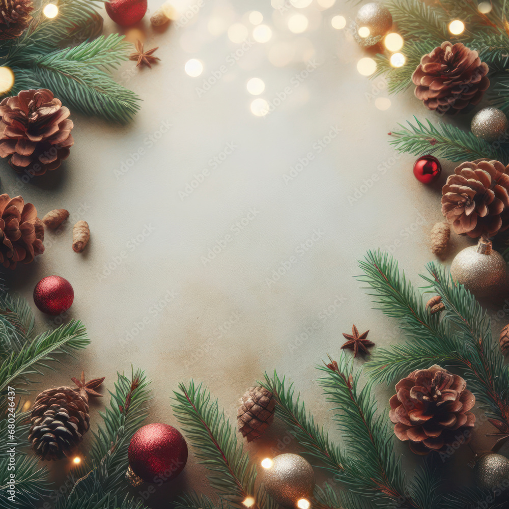 Poster christmas border with fir branches and pine cones, blurry background with copy space. ai generative