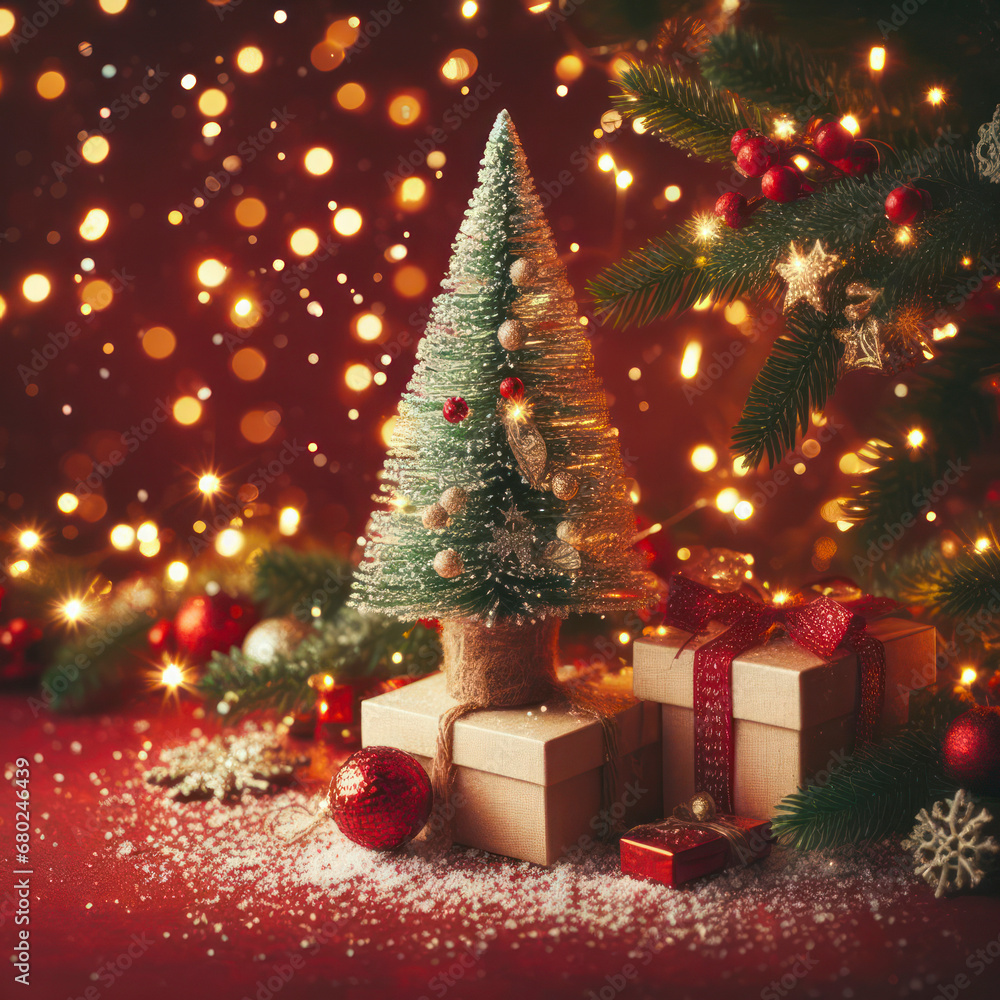Aufkleber christmas background with xmas tree and sparkle bokeh lights on red canvas background. ai generative