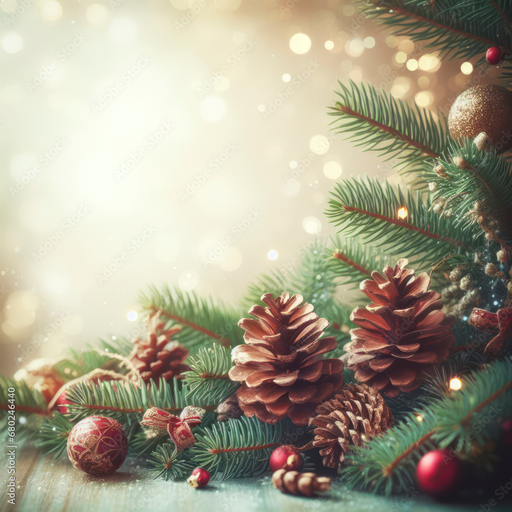 Poster christmas border with fir branches and pine cones, blurry background with copy space. ai generative