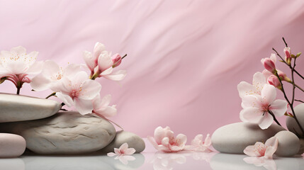 Obraz na płótnie Canvas A pink background product template with white flowers and rocks
