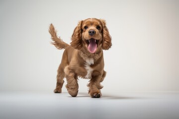 Full-length portrait photography of a happy cocker spaniel walking against a minimalist or empty room background. With generative AI technology