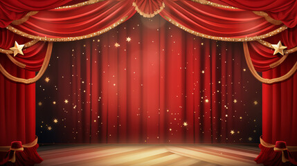 A stage with a red curtain and stars template background - obrazy, fototapety, plakaty