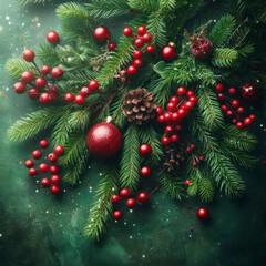 Fototapeta na wymiar Christmas decoration with fir branches red berries on Green christmas background. ai generative