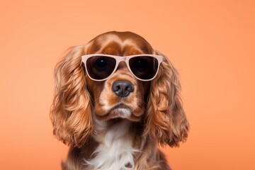 Environmental portrait photography of a cute cocker spaniel wearing a trendy sunglasses against a minimalist or empty room background. With generative AI technology - obrazy, fototapety, plakaty