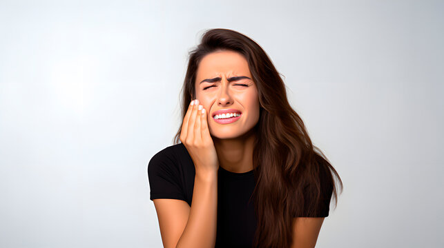 A woman with a toothache expression. Oral hygiene. Inflammation