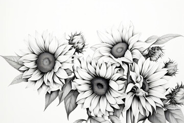 A black and white drawing of a bunch of sunflowers - obrazy, fototapety, plakaty