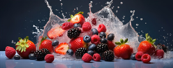 Fresh forest fruits like blueberries, raspberries, strawberries, blackberries. with water splash on wide banner.
