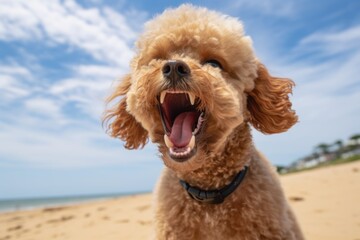 Medium shot portrait photography of a funny poodle barking against a beach background. With generative AI technology - obrazy, fototapety, plakaty