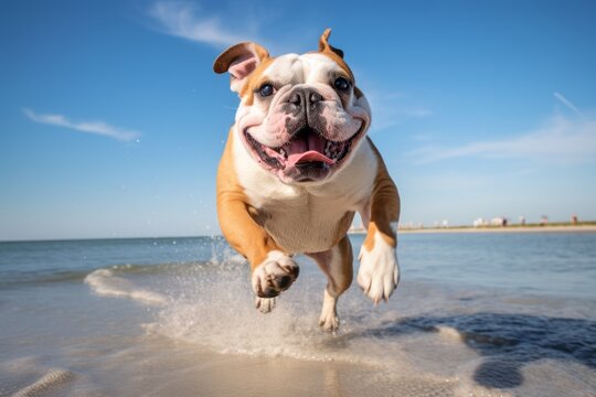 Lifestyle portrait photography of a happy bulldog jumping against a beach background. With generative AI technology