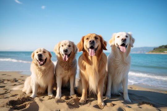 Group portrait photography of a smiling golden retriever scratching himself against a beach background. With generative AI technology