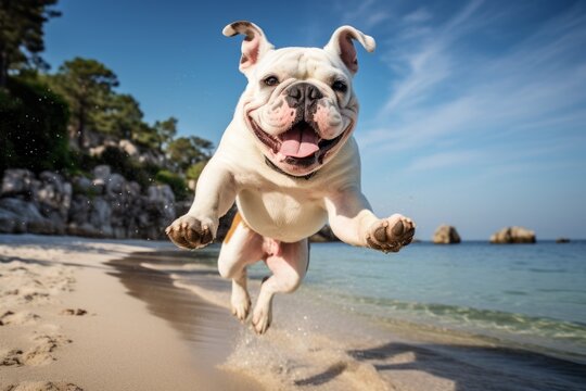 Lifestyle portrait photography of a happy bulldog jumping against a beach background. With generative AI technology