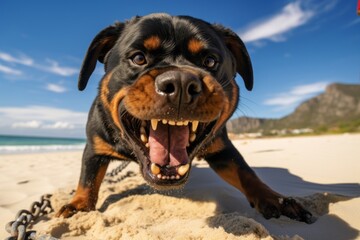 Medium shot portrait photography of a funny rottweiler playing tug-of-war against a beach background. With generative AI technology