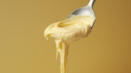 A spoon full of yellow cream dripping isolated