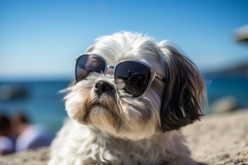 Medium shot portrait photography of a curious shih tzu wearing a trendy sunglasses against a beach...