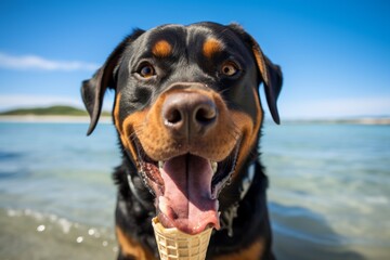 Environmental portrait photography of a curious rottweiler licking an ice cream cone against a beach background. With generative AI technology