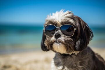Medium shot portrait photography of a curious shih tzu wearing a trendy sunglasses against a beach background. With generative AI technology