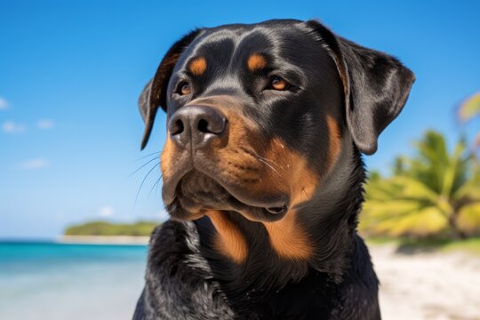 Close-up portrait photography of a curious rottweiler scratching nose against a beach background. With generative AI technology