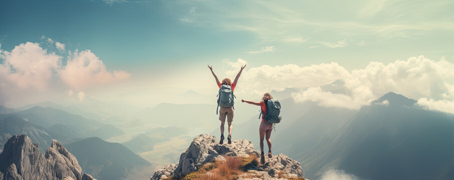 two Hikers with backpacks jump on the mountine peak. Traveling or adventure concept.