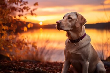 Lifestyle portrait photography of a funny labrador retriever watching a sunset with the owner against an autumn foliage background. With generative AI technology