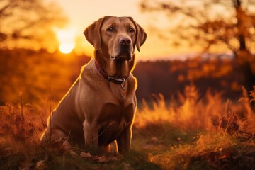 Lifestyle portrait photography of a funny labrador retriever watching a sunset with the owner against an autumn foliage background. With generative AI technology