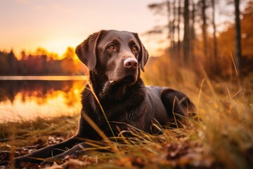 Lifestyle portrait photography of a funny labrador retriever watching a sunset with the owner...