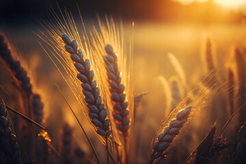 Wheat field at sunset. Ears of golden wheat close-up. Generative AI. 
