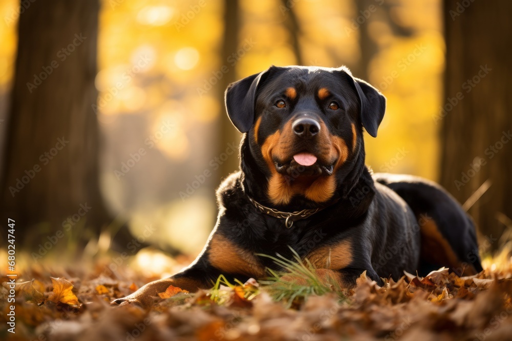 Wall mural Full-length portrait photography of a smiling rottweiler having a butterfly on its nose against an autumn foliage background. With generative AI technology