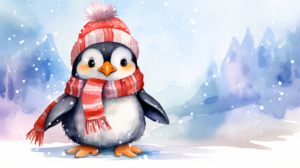 A penguin wearing a red and white striped scarf in christmas
