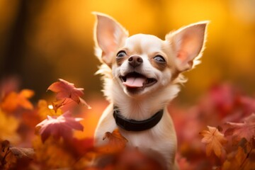 Environmental portrait photography of a cute chihuahua having a flower in its mouth against an autumn foliage background. With generative AI technology