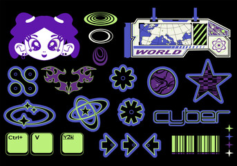 Sci fi and HUD and y2k elements. Bold modern Shapes. Retro futuristic elements for design. Geometric symbols and objects in y2k style. Acid street elements. 