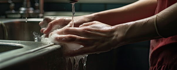 Housewife washes hands or dishes detail. Cleaning Hands. hygiene concept. - obrazy, fototapety, plakaty