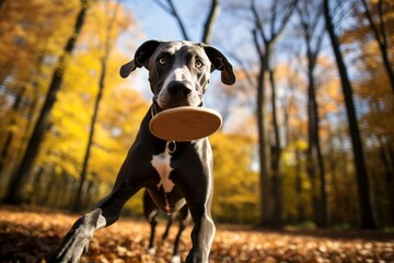 cute great dane holding a frisbee in its mouth isolated on an autumn foliage background - obrazy, fototapety, plakaty