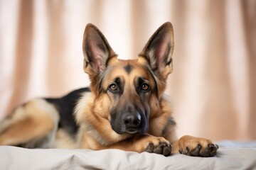 cute german shepherd lying down in a pastel or soft colors background