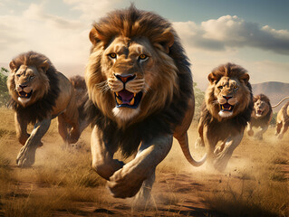 group of lions running