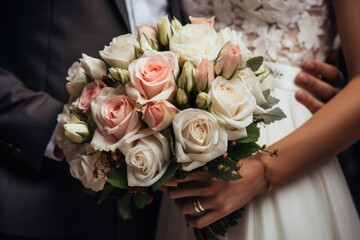 Groom and Bride Holds Bouquet, Ring