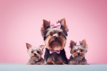 cute yorkshire terrier posing with a family isolated in a pastel or soft colors background