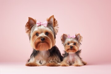 cute yorkshire terrier posing with a family on a pastel or soft colors background