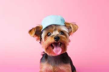 funny yorkshire terrier wearing a cap while standing against a pastel or soft colors background