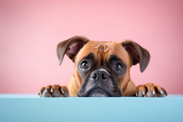 curious boxer dog lying down in a pastel or soft colors background