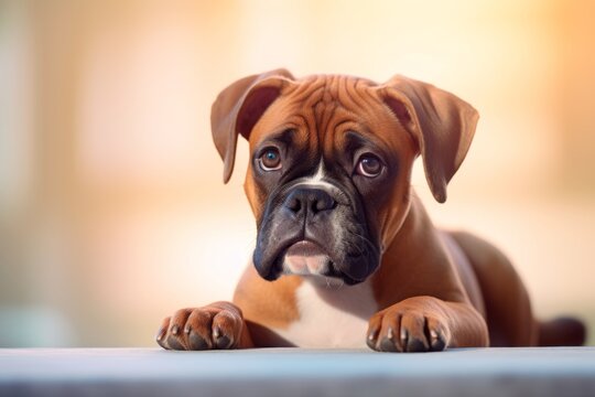 curious boxer dog lying down over a pastel or soft colors background