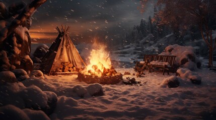 Camp fire in the snow, in the style of free-flowing surrealism, photo-realistic landscapes