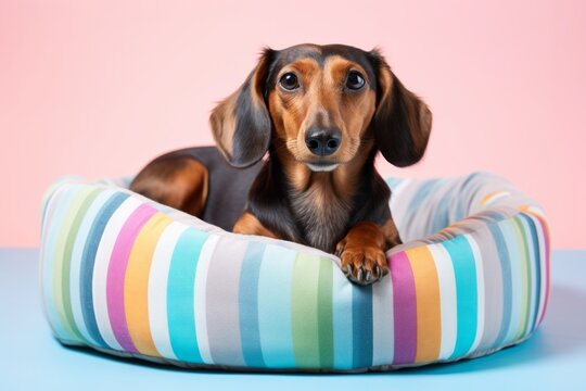 funny dachshund sleeping in a dog bed isolated in a pastel or soft colors background